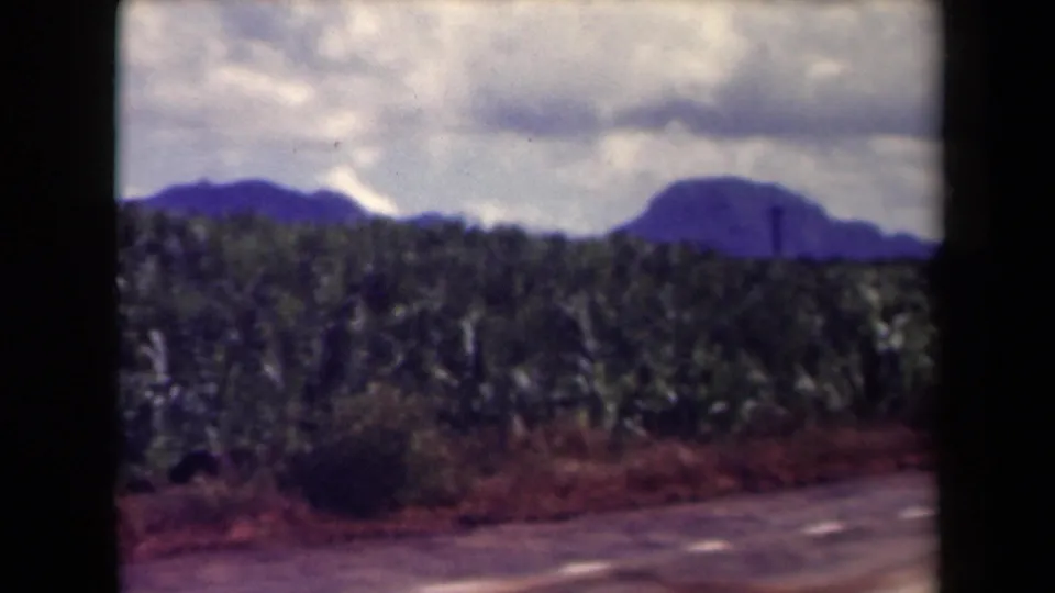 1944 Kauai home-movie still showing dense crops, reddish roadside ground, distant mountains, and broad clouds in soft 8mm color.