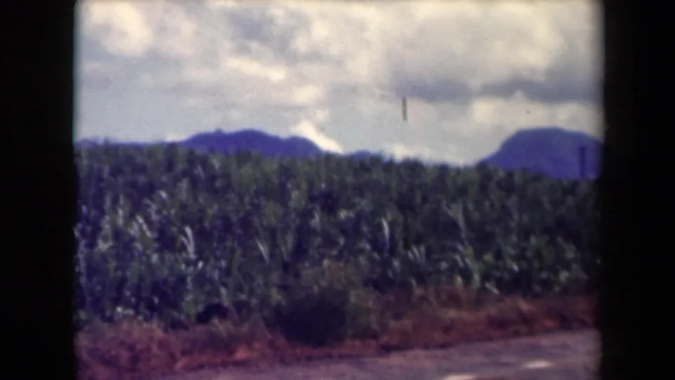 1944 Kauai frame showing a cultivated field, rural road, distant mountain shapes, cloudy sky, and strong dark 8mm border areas.