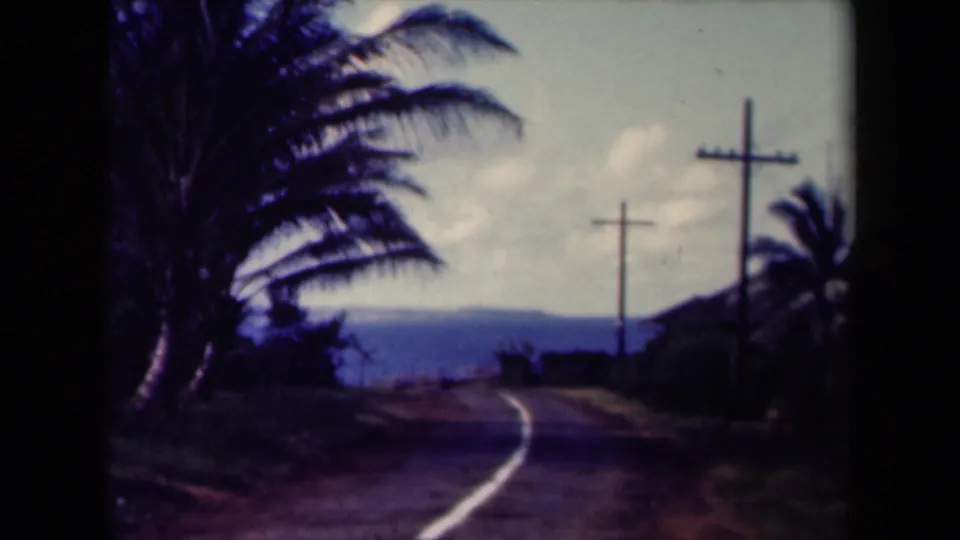 1944 Kauai travel frame with a palm-lined road, wooden poles, and distant island landscape in soft focus.