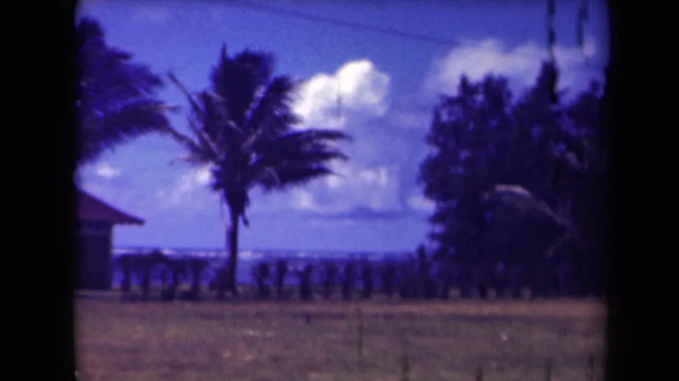Soft 1944 Kauai 8mm view of palms, a grassy coastal strip, ocean horizon, clouds, and part of a small structure at left.