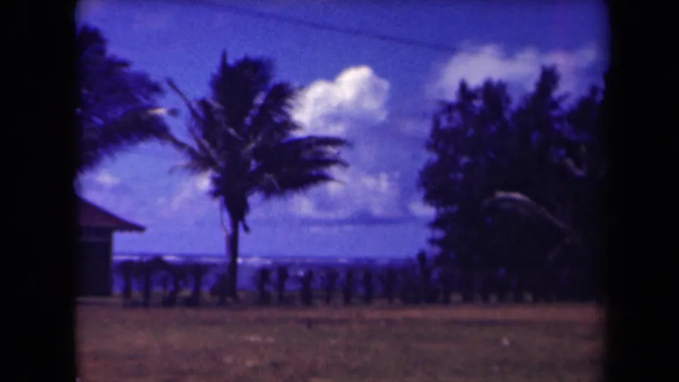 1944 Kauai 8mm frame showing palms over a grassy shoreline, ocean horizon, bright clouds, and distant dark silhouettes near the beach.