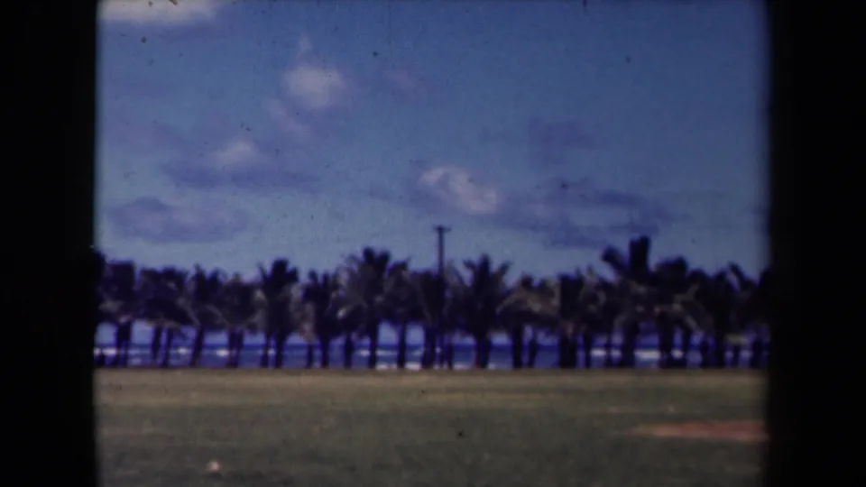 1944 Kauai home-movie frame showing a palm row beside the ocean, grassy foreground, partly cloudy sky, and visible film gate borders.