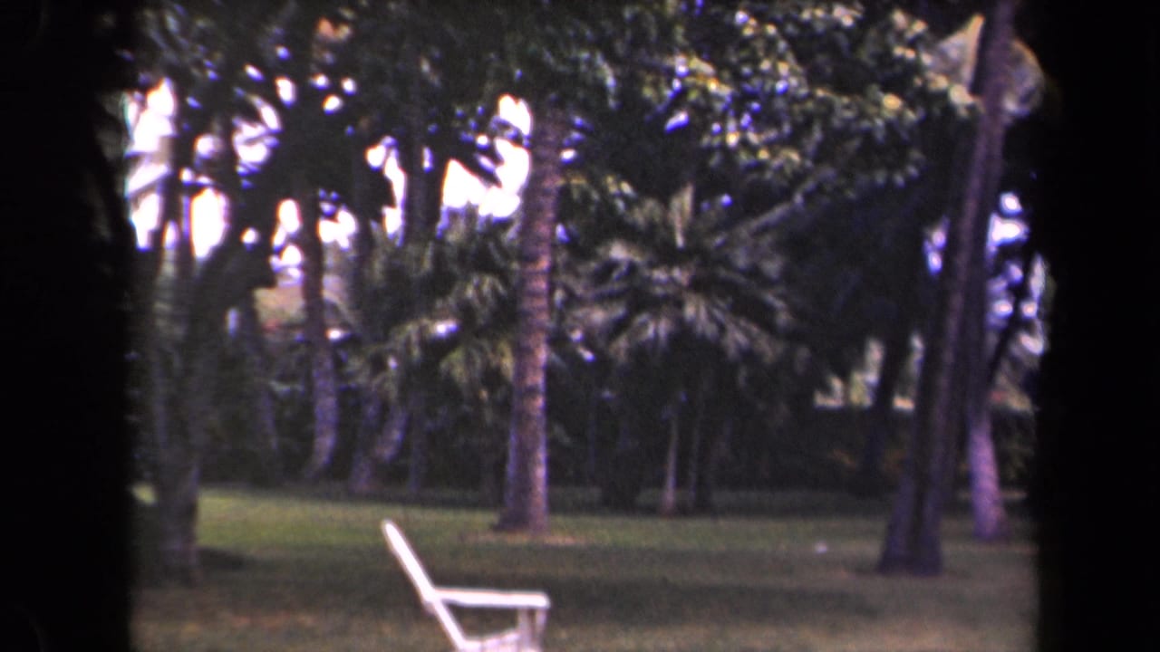 White outdoor chair on a tropical lawn with palms in metadata-supported 1944 Kauai footage.