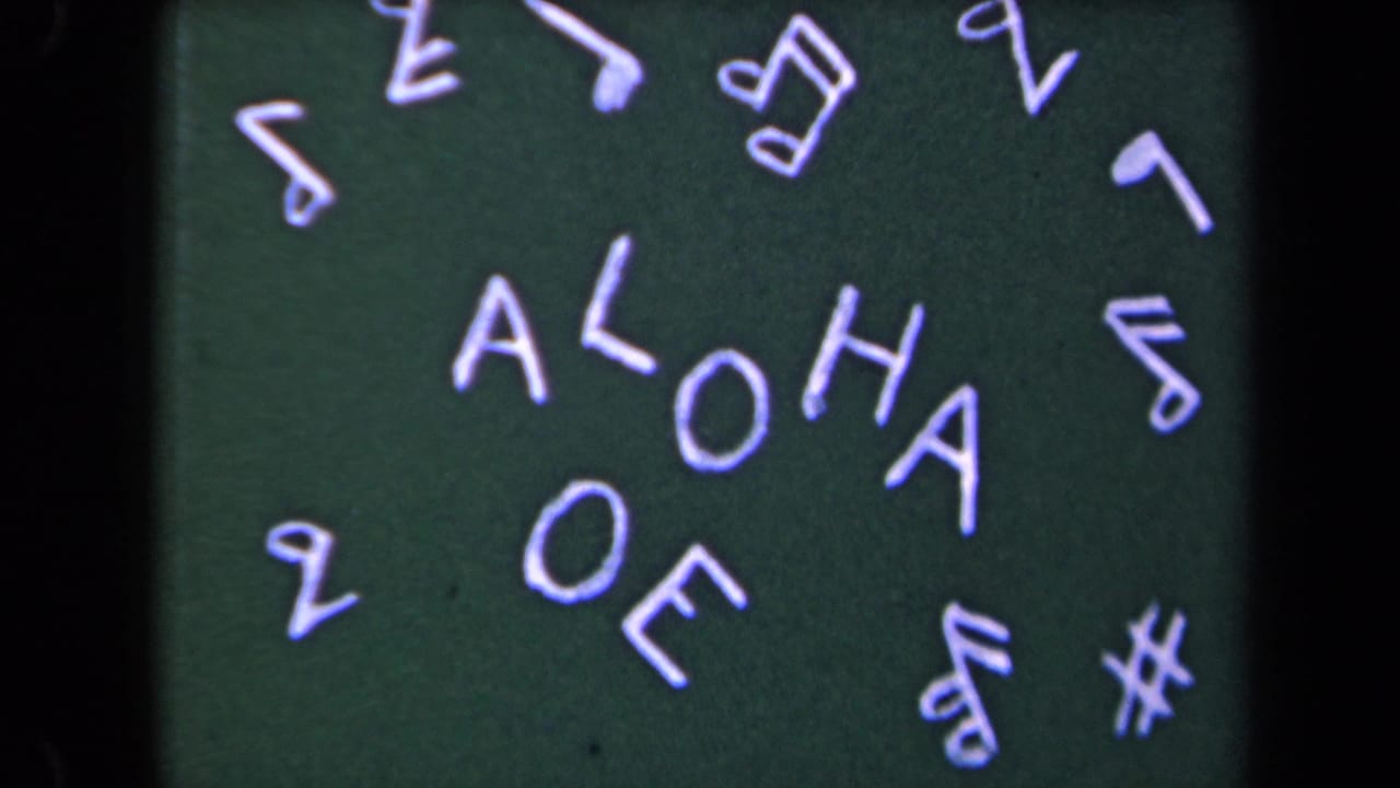 Handmade ALOHA card on dark green background with white lettering and scattered musical-note shapes, from the 1944 Kauai home movie.