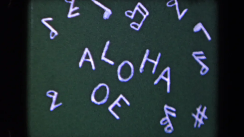 The 1944 Kauai home movie title card repeats, showing ALOHA in white letters surrounded by hand-drawn musical notes on green card stock.