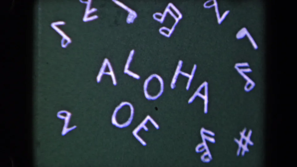 Closing frame of the ALOHA title card, with white hand lettering, musical-note decoration, grain, and a dark vertical frame edge.