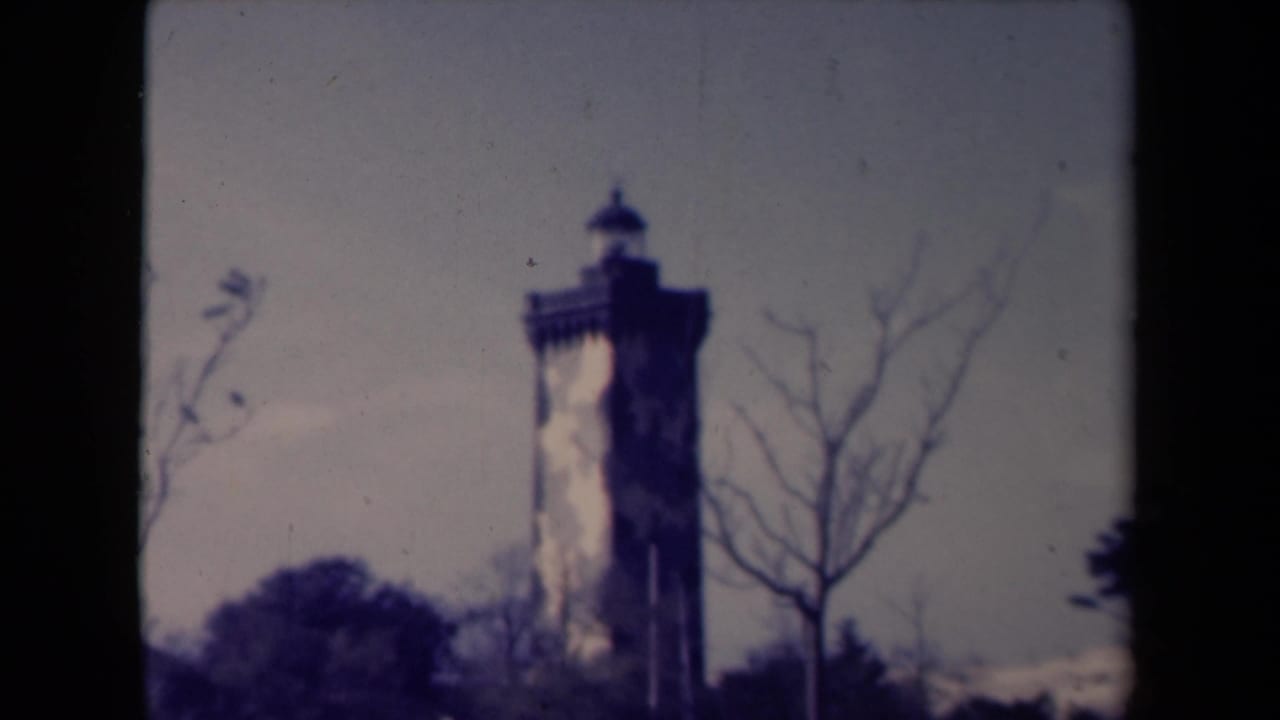 Tall tower beside bare branches under a hazy sky.