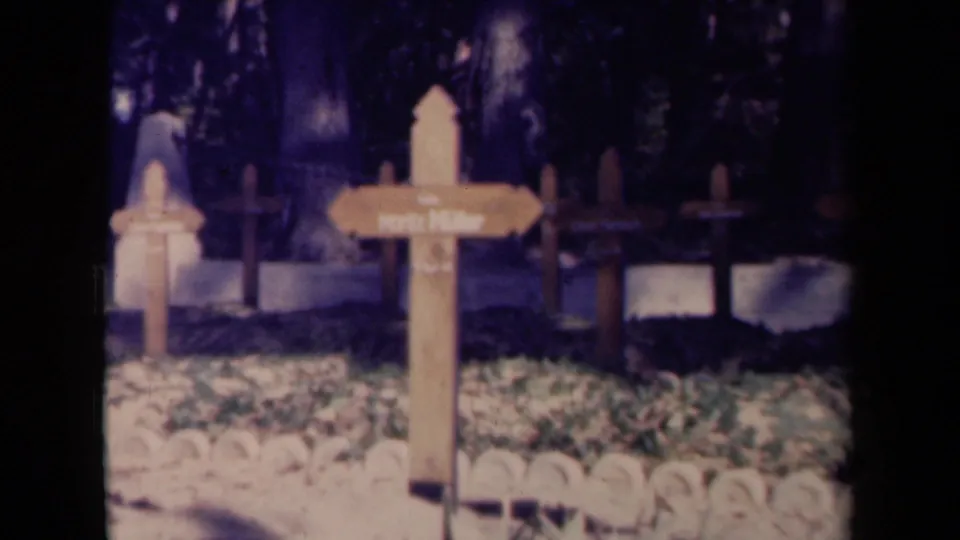 A wooden cross-shaped sign stands among flowers and fence posts, suggesting a religious or cemetery-like site within the same archival clip.
