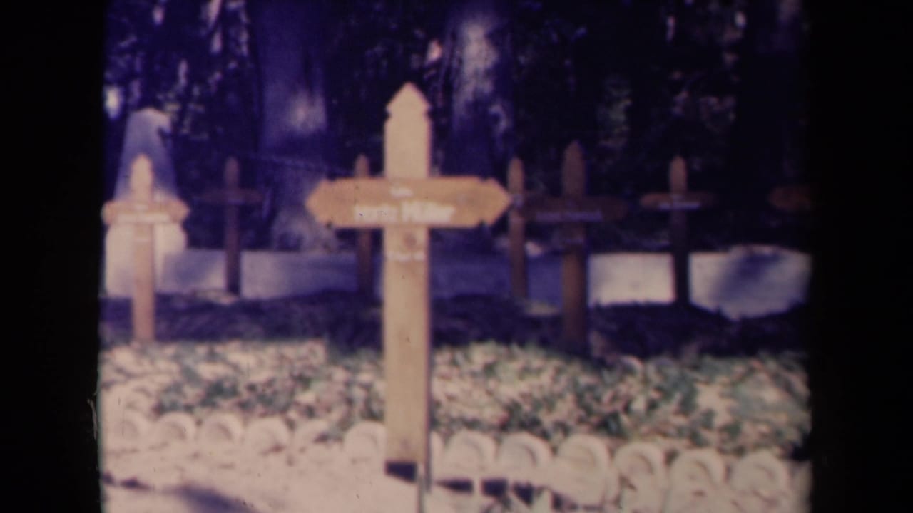 Wooden cross sign among cemetery markers with grass, low border stones, trees, and long shadows.