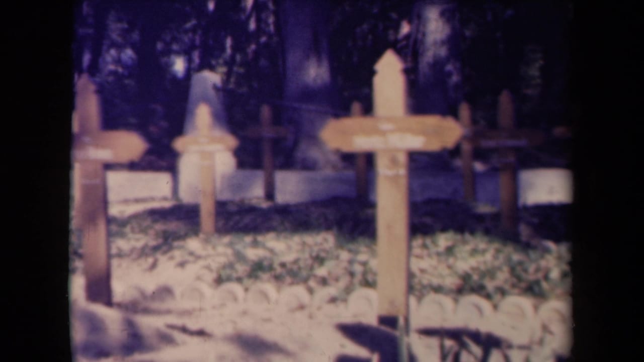 1945 France 8mm frame showing a closer cemetery angle with wooden crosses, a signpost, grass, grave edging, and shaded trees.