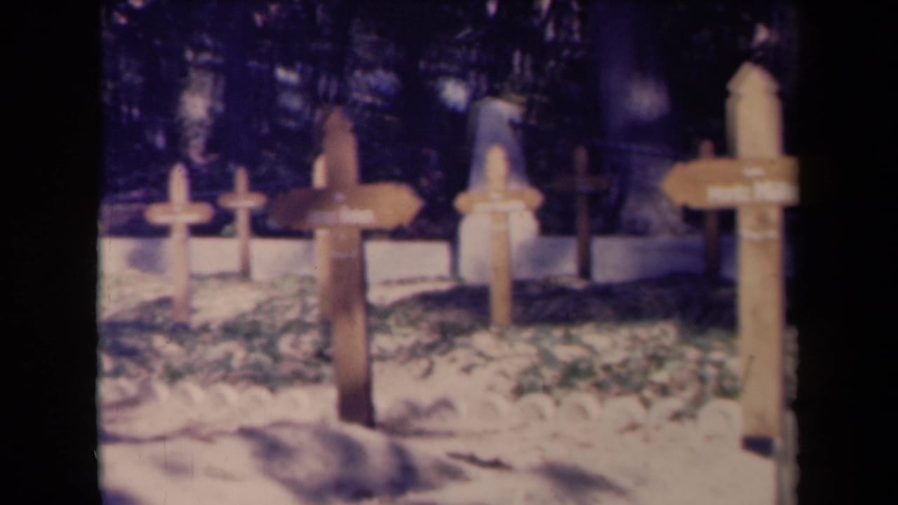 Wooden cross grave markers stand in sandy ground near a low white wall and trees.