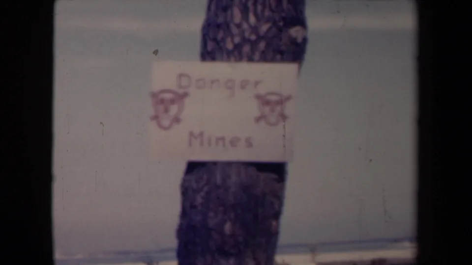 A hand-lettered Danger Mines sign with skull drawings is fixed to a tree trunk in a pale snowy landscape, consistent with the France 1945 clip metadata.
