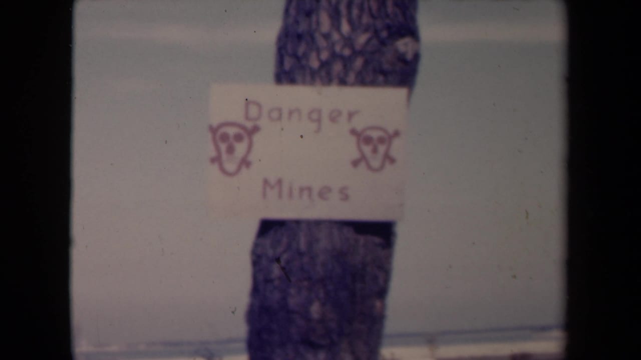 Close 8mm frame of a Danger Mines sign on a tree trunk, with hand-drawn skull symbols and a flat snowy background in France.