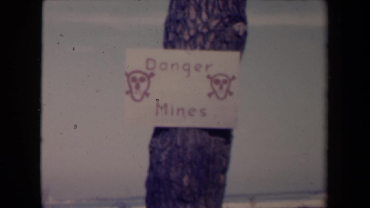 Centered 8mm view of the hand-drawn Danger Mines sign on a tree, with skull markings and muted snowy ground beyond.