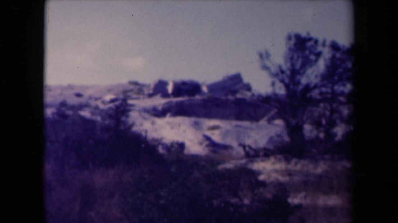 Dry rocky hillside with sparse trees and low ruins under a pale sky.