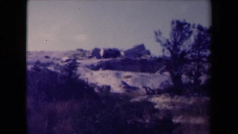 1945 France 8mm frame showing a dry hillside, scrub trees, and distant low stone ruins under a pale sky.