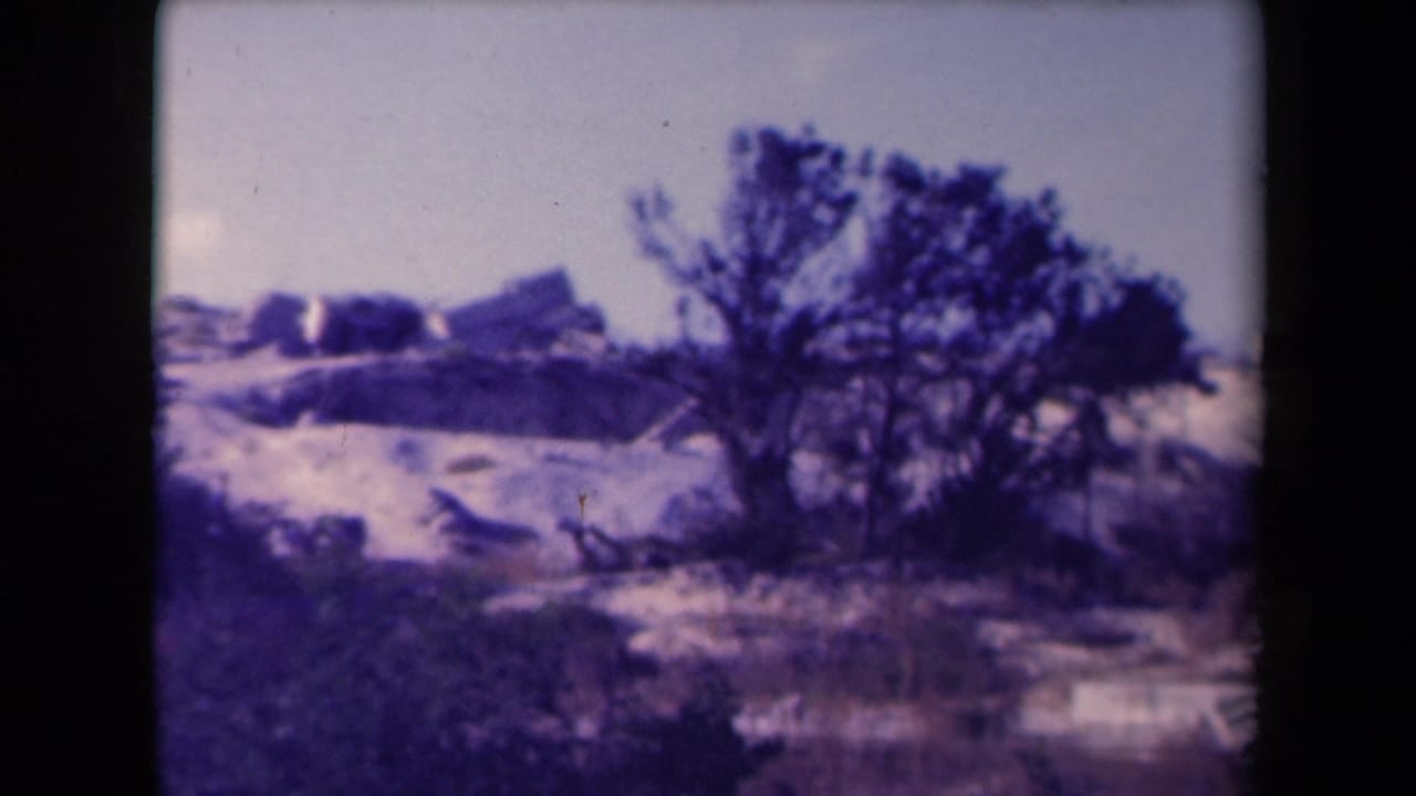 1945 France home-movie frame with a foreground tree, brush, dry earth, and indistinct ruins on a hillside.