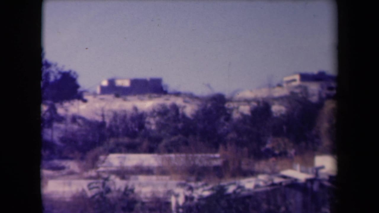 Distant sandy hillside with low buildings, scrub trees, and a pale sky.