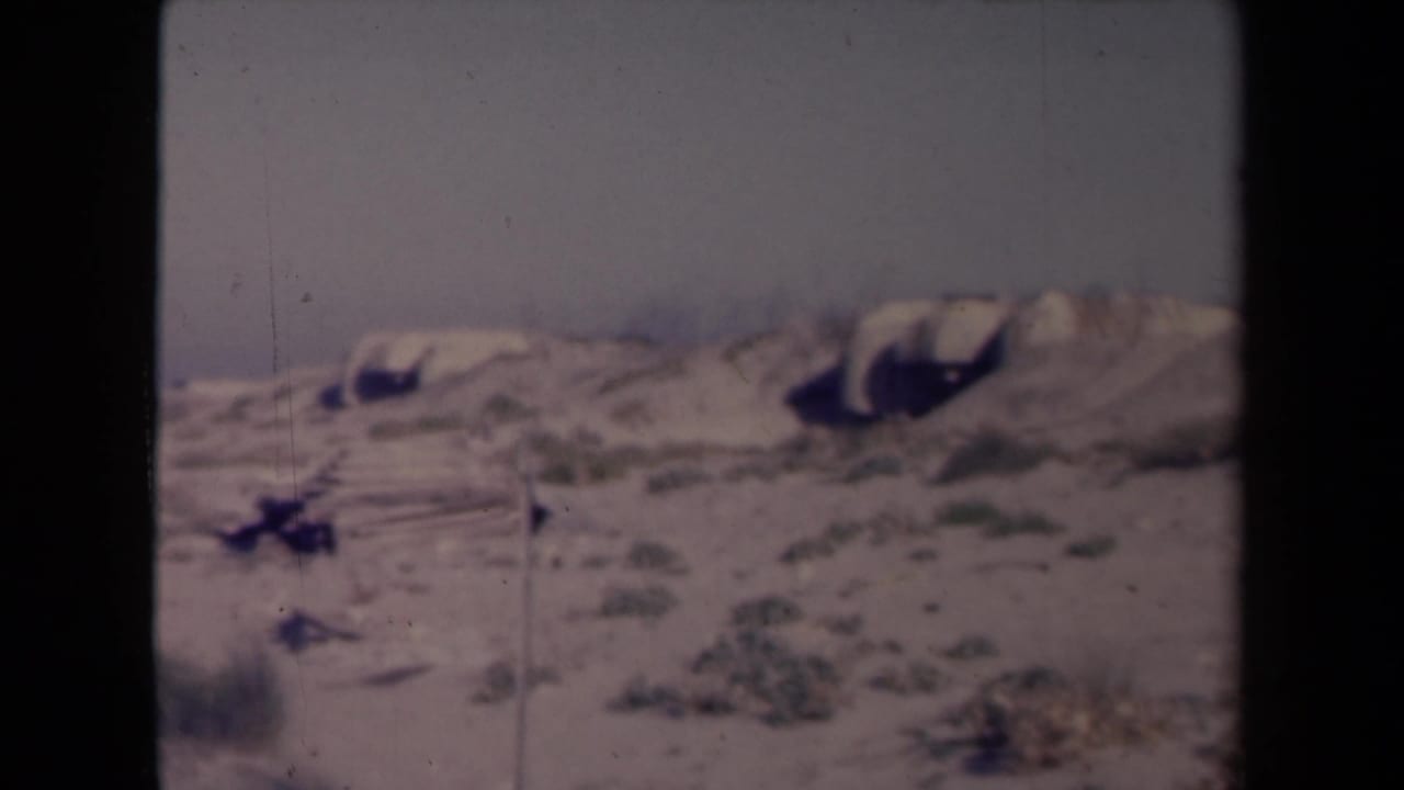 Sandy landscape with low vegetation and dark scrub shapes during a pan.