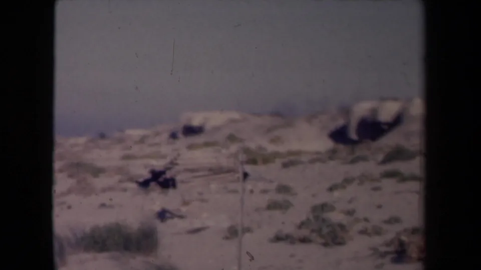 Metadata-identified 1945 France 8mm frame showing a blurred sandy landscape, sparse plants, and visible film wear.