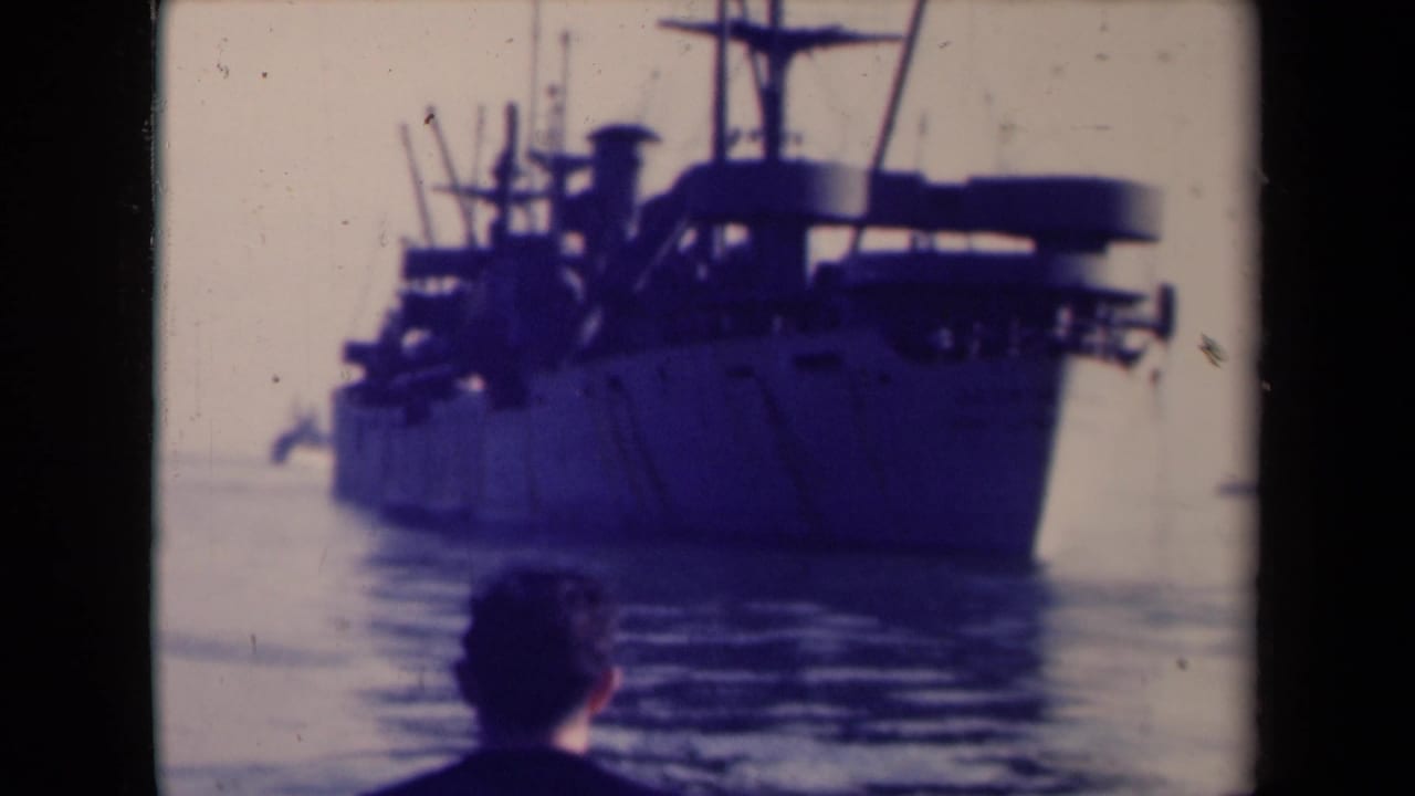 Large vessel fills the water view with a man in the foreground.