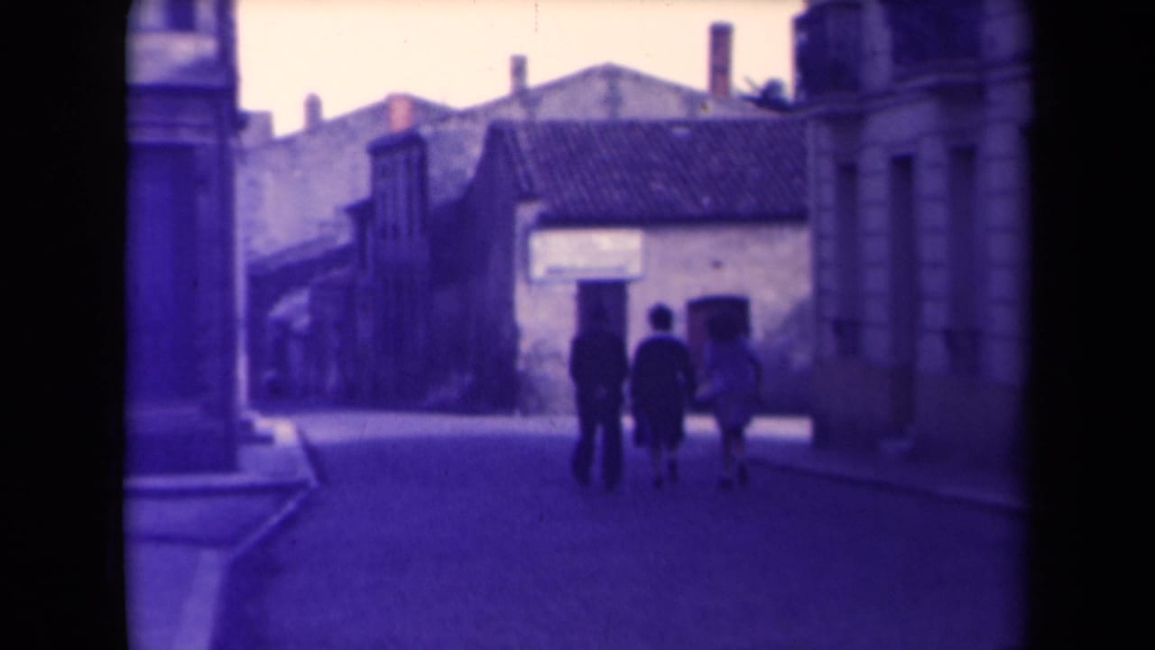 Three pedestrians walk away on a narrow French town street, framed by stone buildings, tiled roofs and soft purple-tinted film color.