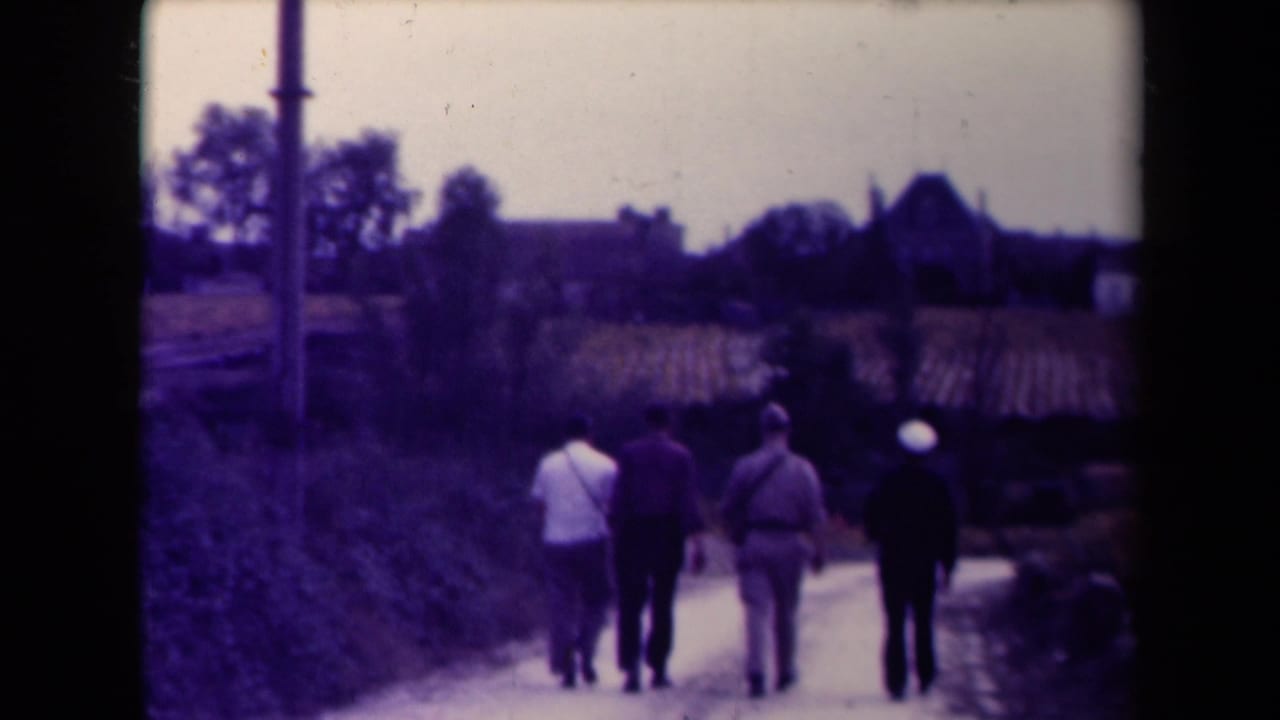 Four men walk away down a rural path bordered by fields and low vegetation.