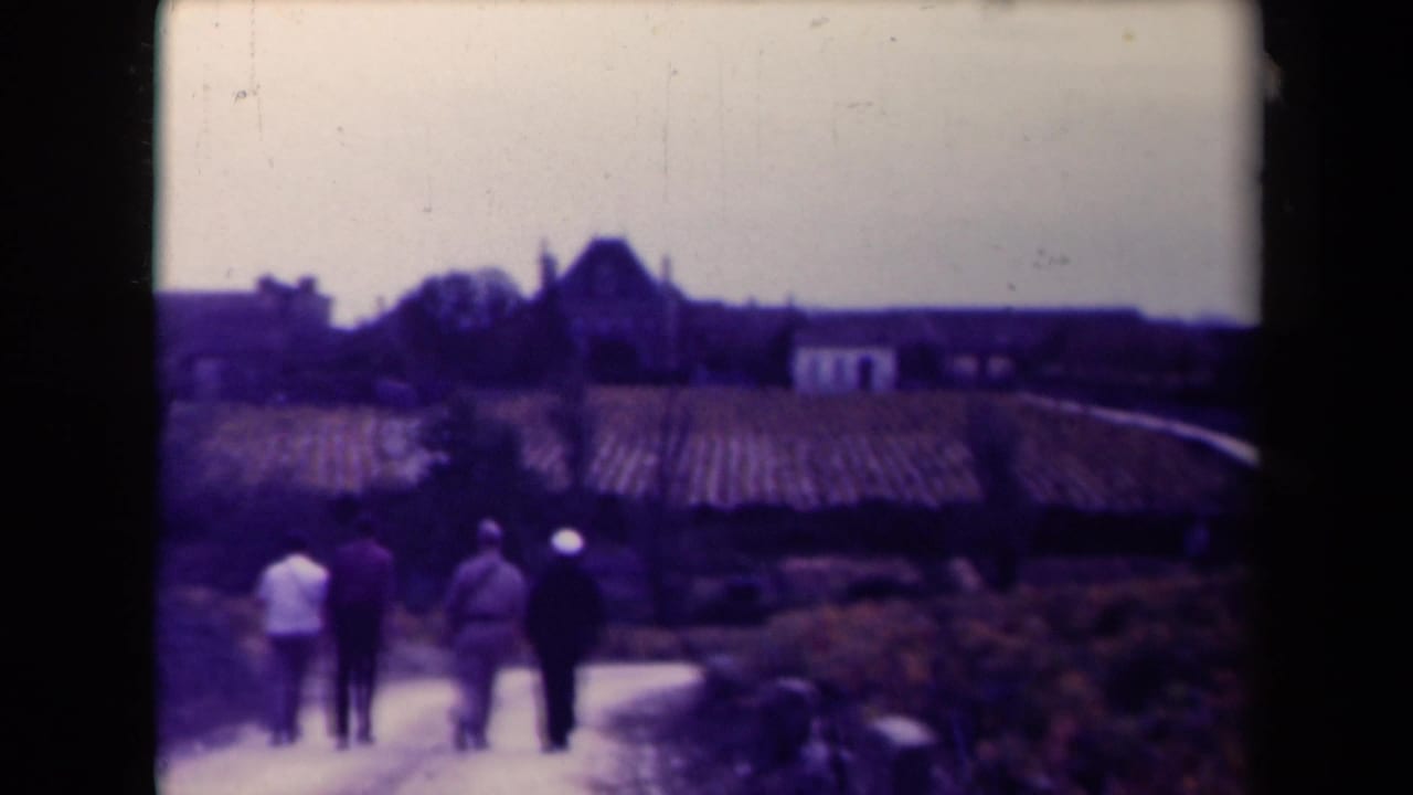 Four men continue along the curving road with vineyards and low buildings ahead.