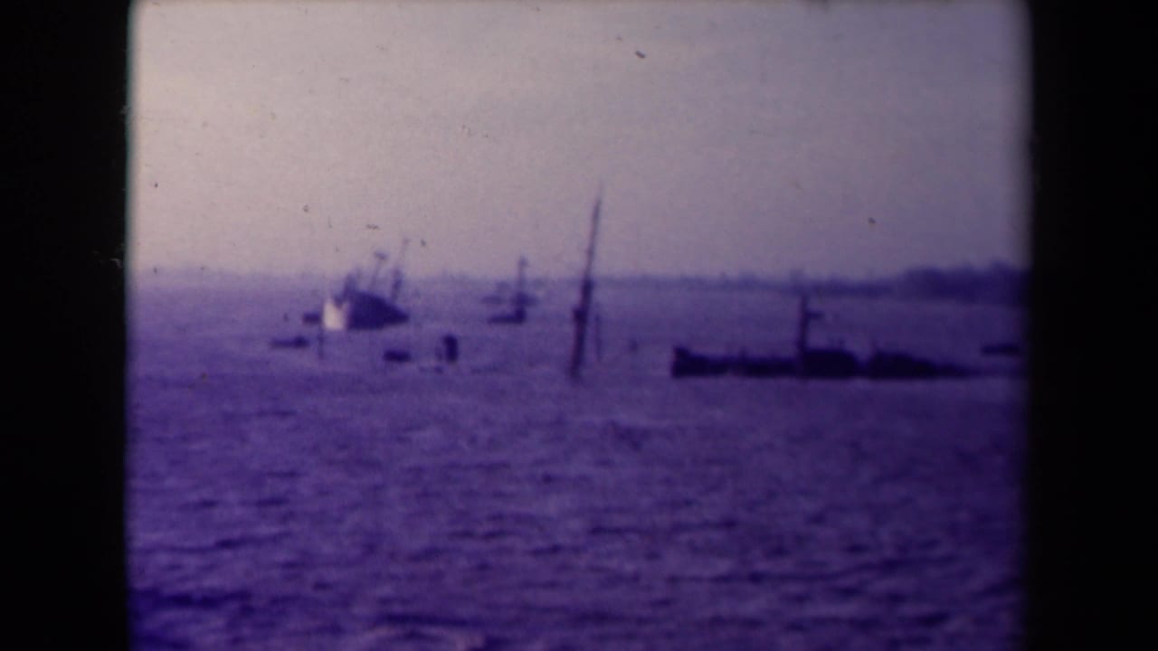 Distant boats and upright masts in open water under a pale sky.