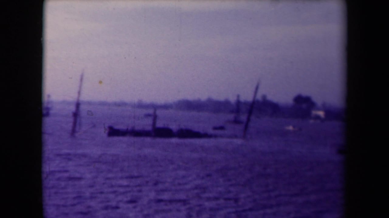 Flooded shoreline scene with upright poles, boats, trees, and pale buildings in the distance.