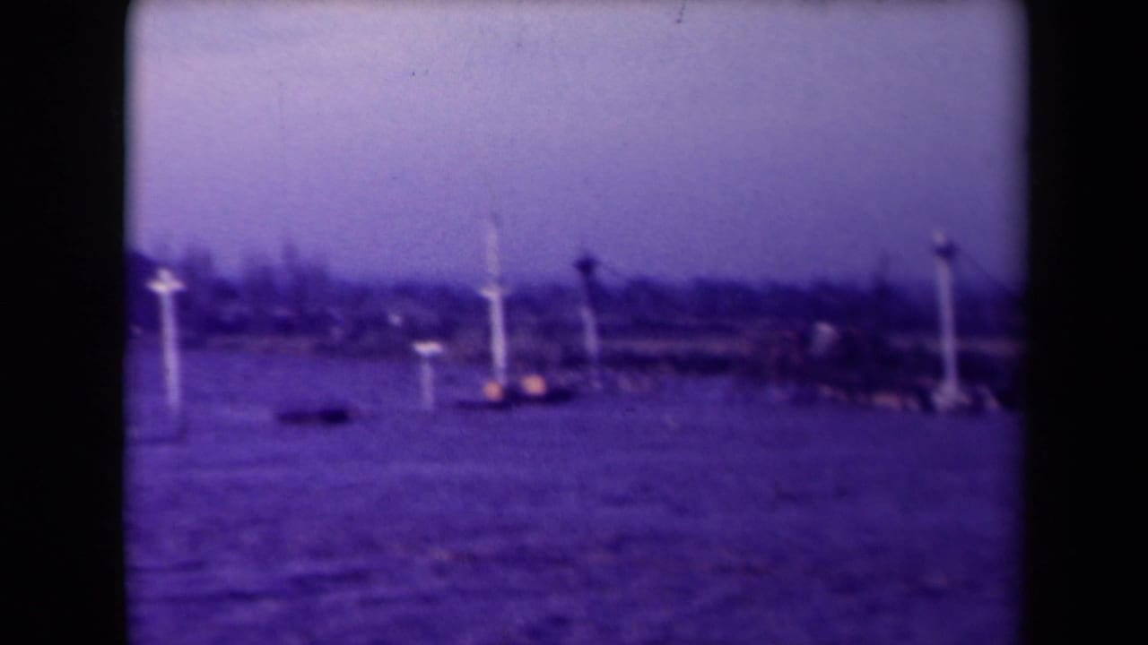 Blurred coastal water view with distant white pole-like structures and a low shoreline.