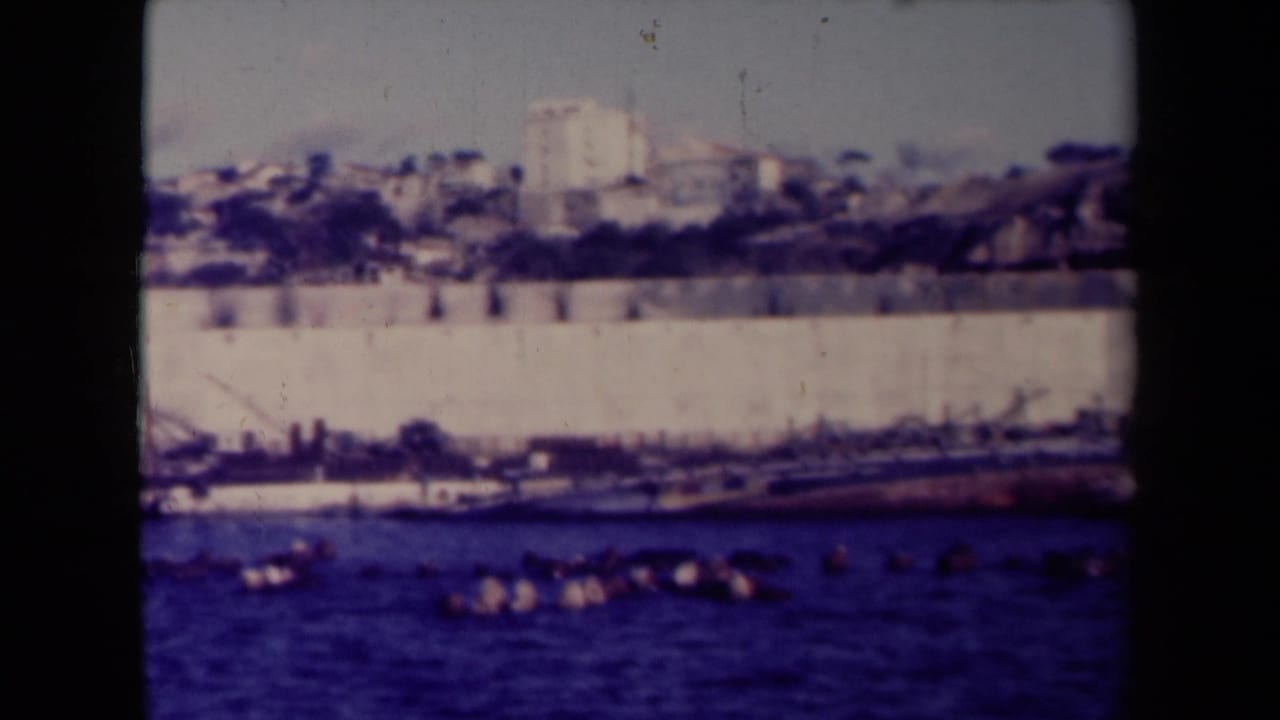 Harbor water with buoys, docked vessels, cranes, and hillside buildings.
