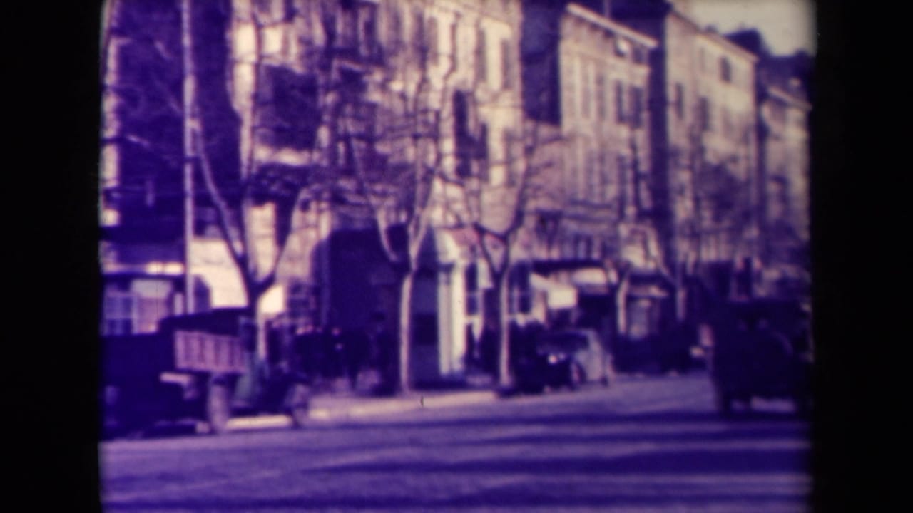 Tree-lined city street with parked classic cars, pedestrians, and multi-story buildings.