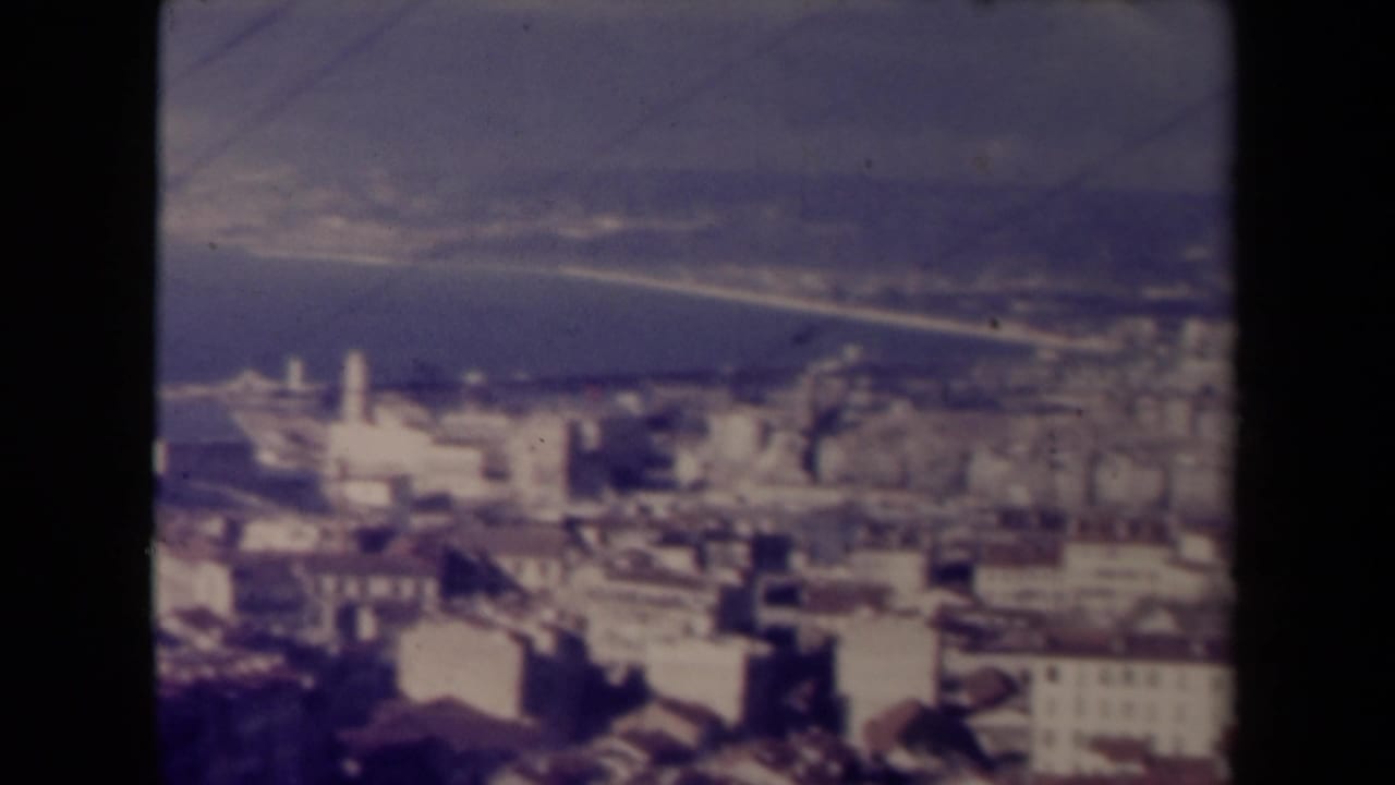 Soft high-angle view over a dense city toward a waterfront and long crossing.