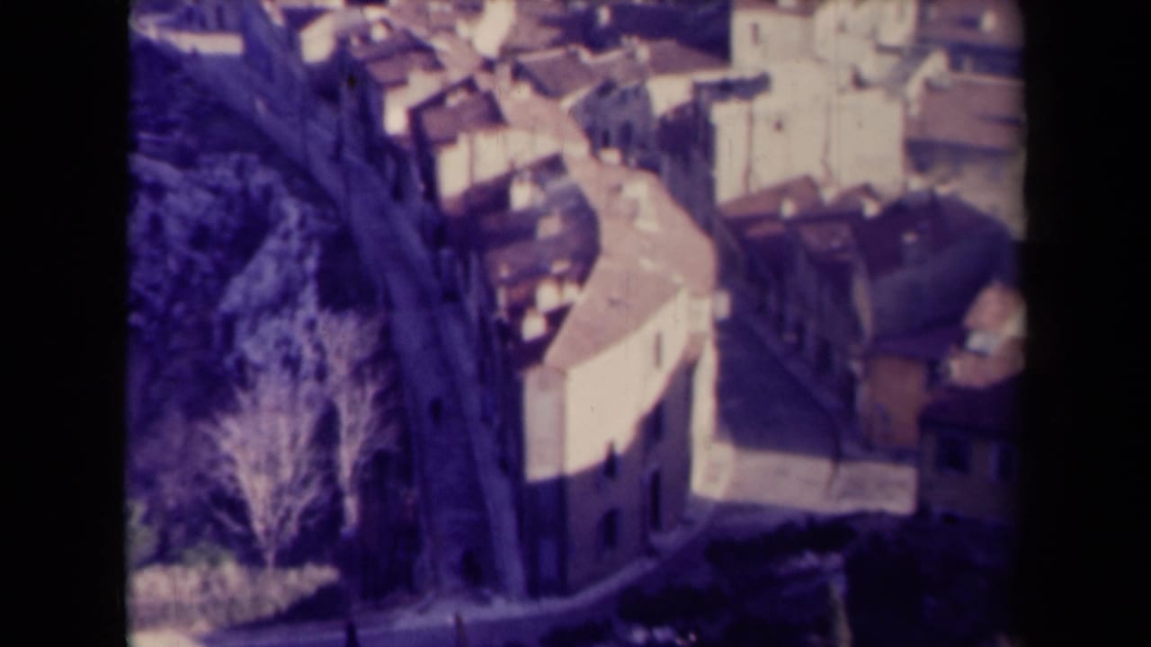 Elevated view down onto clustered pale buildings, terracotta roofs, a narrow lane, and bare trees.