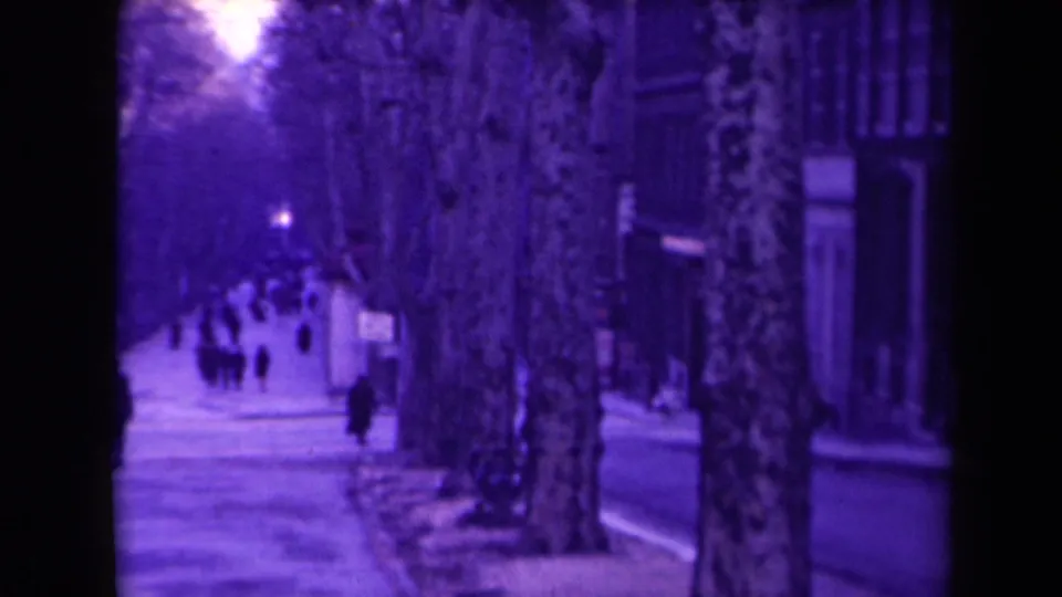 1945 France home-movie view of a snowy urban walkway with distant pedestrians, tree trunks, and building fronts along the side.