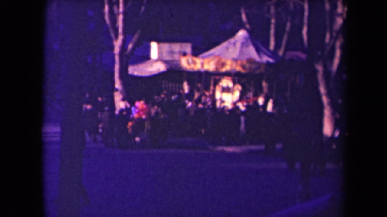 Lit carousel canopy at night with trees and a crowd gathered in front.