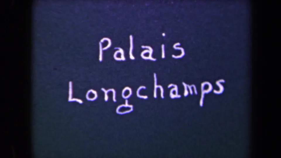 A repeated handwritten “Palais Longchamps” title fills the frame, with visible grain and dark film edges.