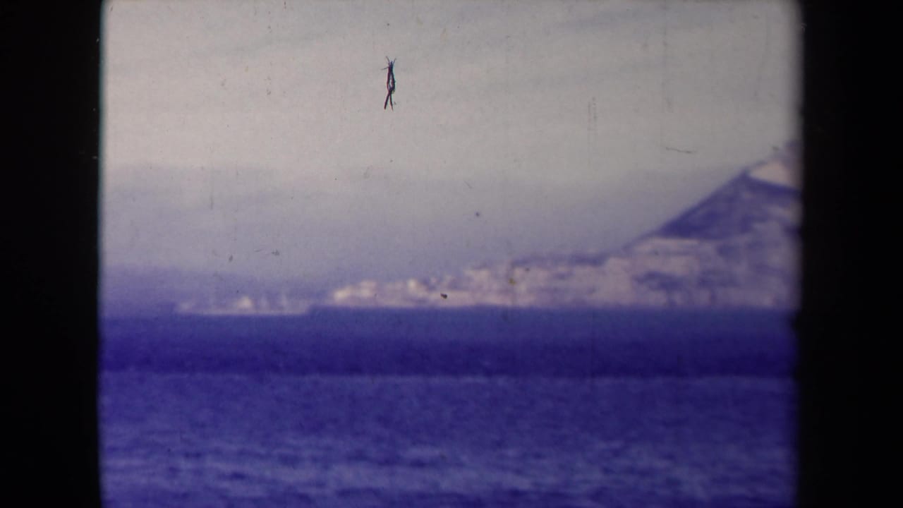 Distant mountain-like or iceberg-like form across blue ocean under a pale sky.