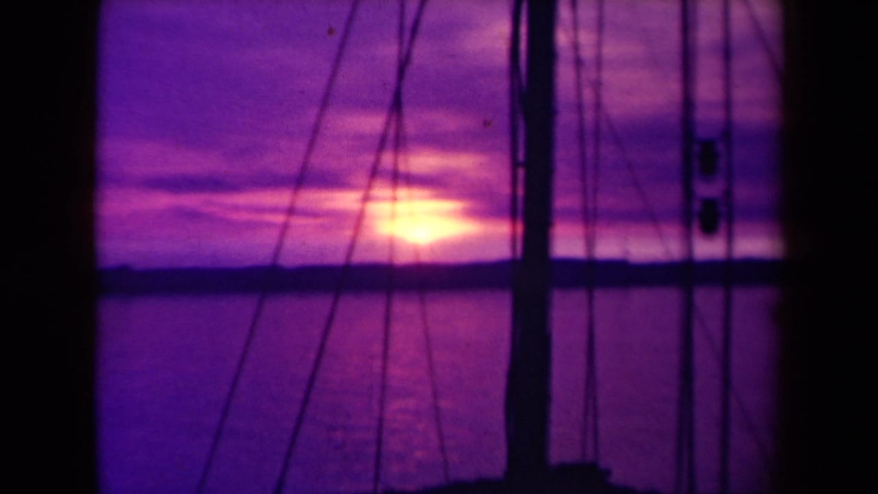 Sunset over water seen through silhouetted sailboat rigging.
