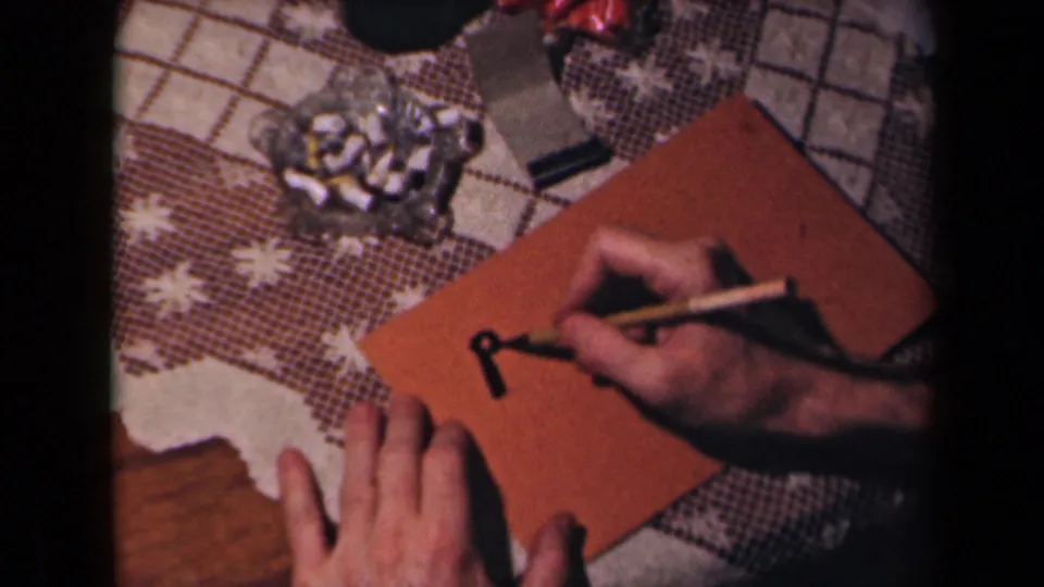 In 1945 French 8mm footage, hands start forming black lettering on a brown envelope near an ashtray and patterned cloth.