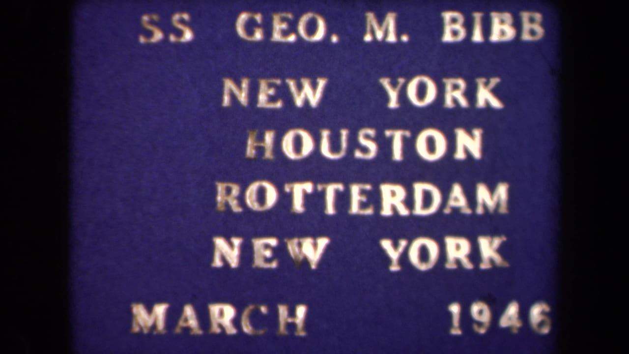 Close title-card frame for SS Geo. M. Bibb showing the New York, Houston, Rotterdam, New York route in March 1946.