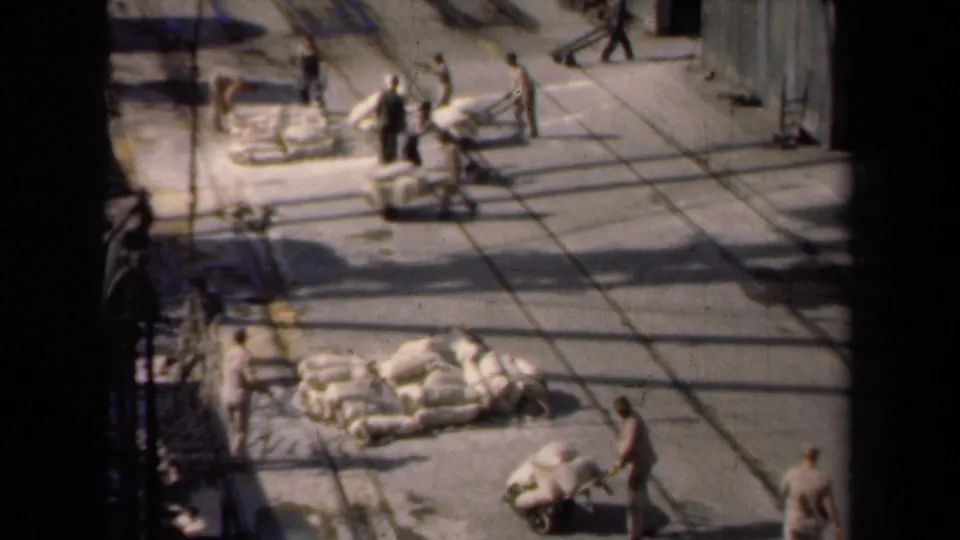 Distant men in light work clothes push wheelbarrows and handle sacks in a Netherlands flour-yard scene dated 1946 by metadata.