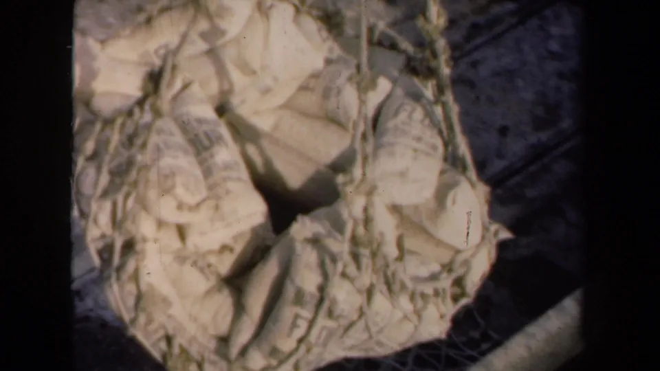 1946 Netherlands 8mm frame showing a netted bundle of burlap sacks over pavement, with strong sunlight and visible film softness.
