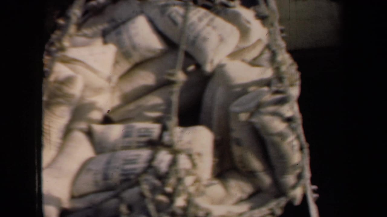 Cargo net filled with sacks against a dark shipboard background.