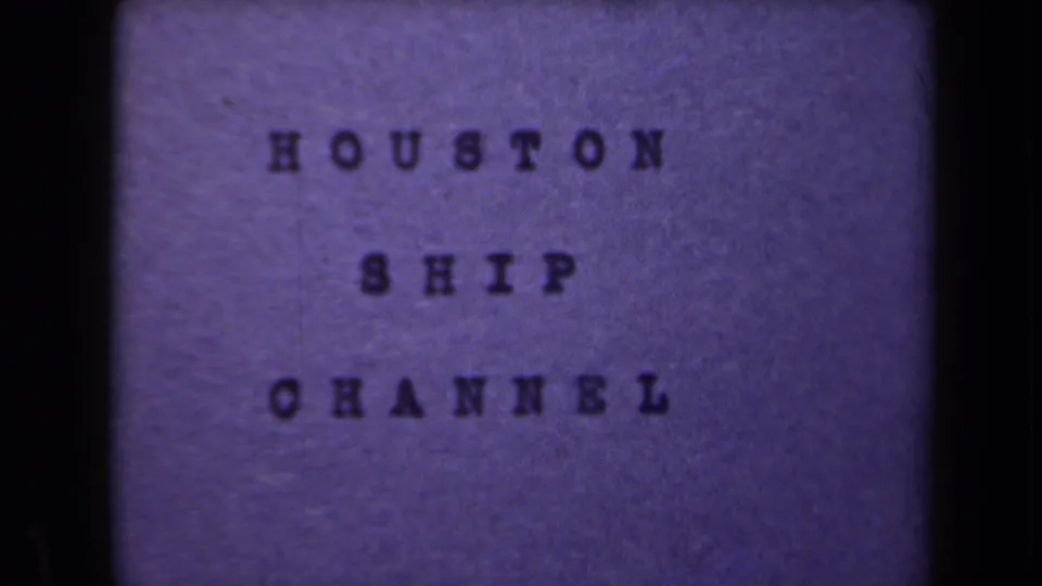 A darker purple-tinted frame shows the Houston Ship Channel title card, with soft registration and visible film wear.