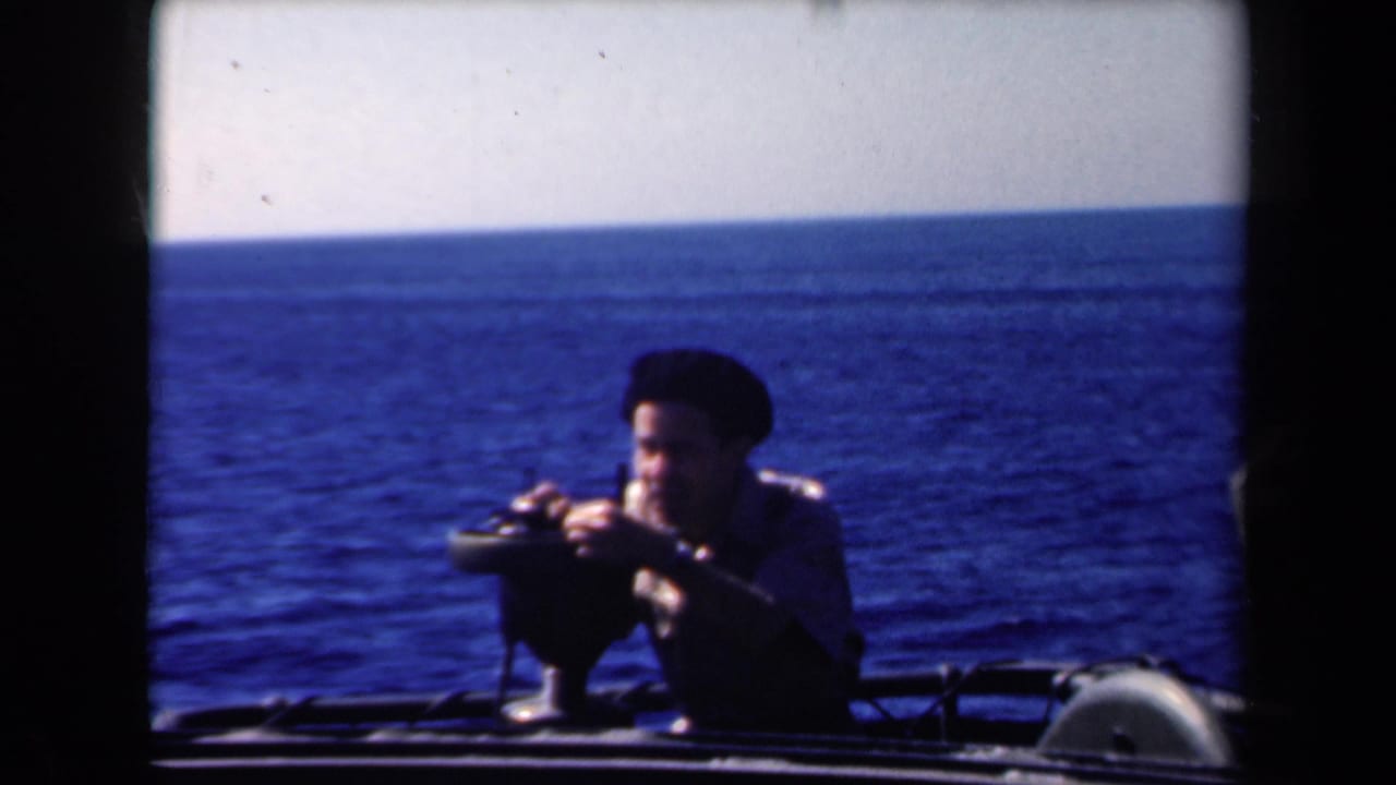 Man at a mounted gun on a ship deck with the ocean horizon behind him.