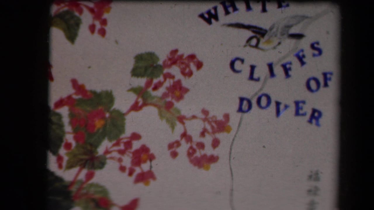 Close 8mm view of an off-white decorative cover with pink flowers, green leaves, a bird illustration, and blue White Cliffs of Dover lettering.