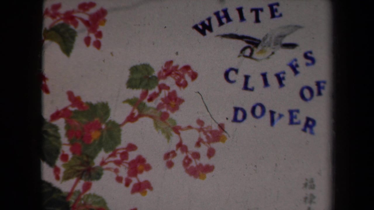 1946 Netherlands 8mm frame of the same title card, with the blue Dover lettering, bird illustration, floral decoration, and visible film wear.