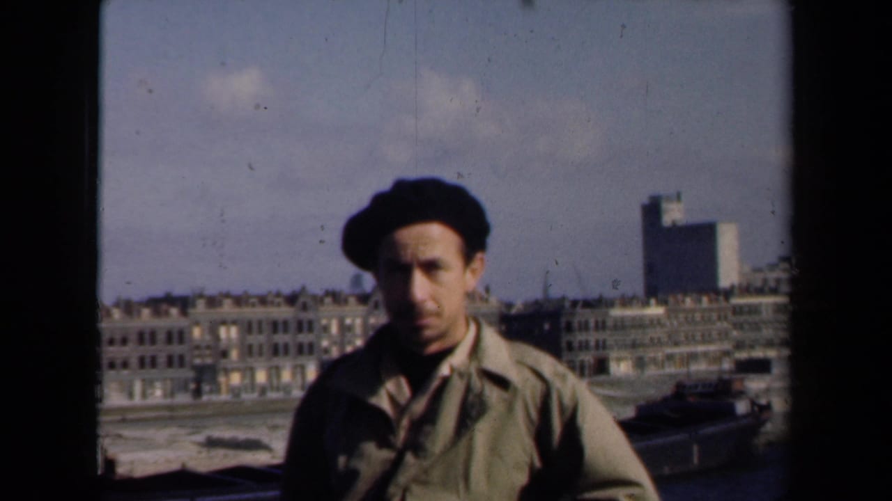 Adult man in a dark beret and light jacket stands on an elevated spot overlooking a Netherlands urban landscape in 1946.